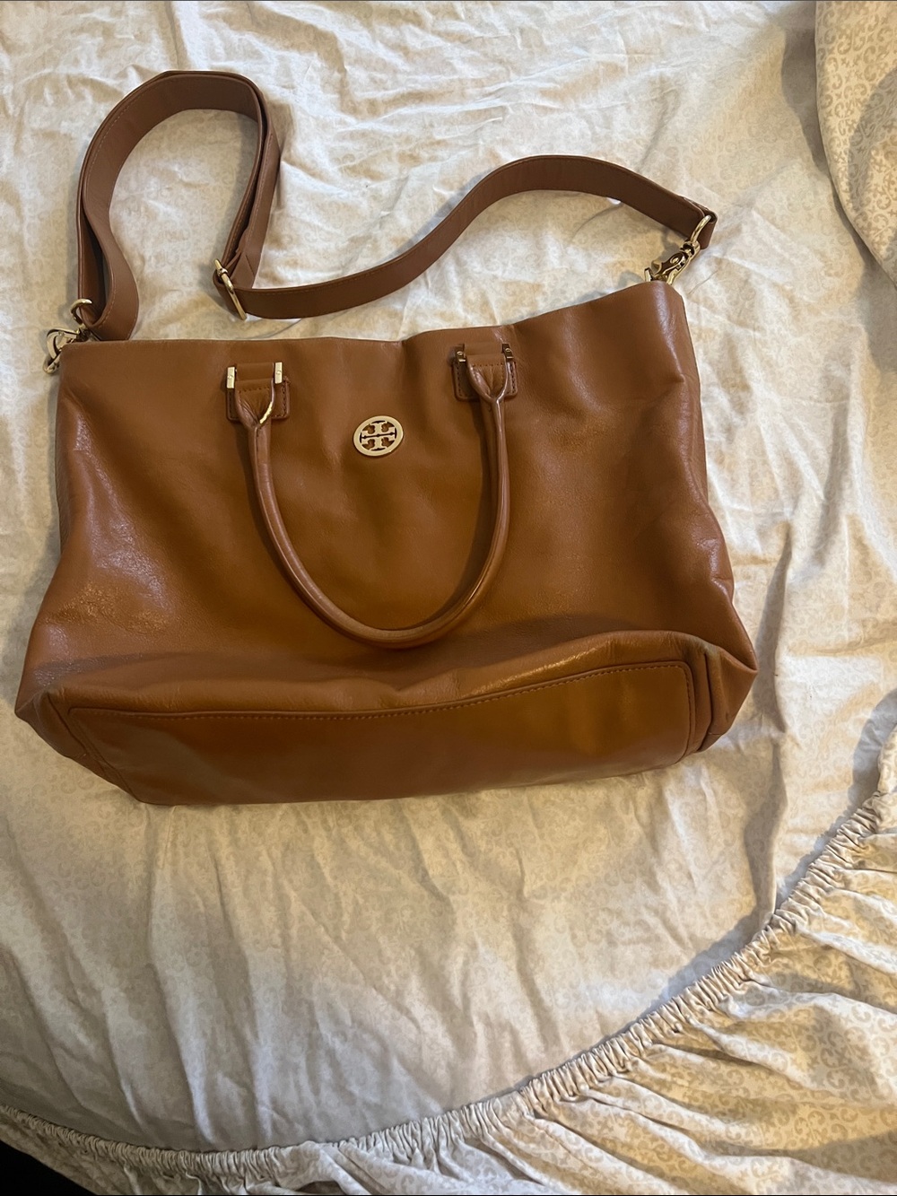 Tory Burch Cognac Leather Tote with Gold Logo